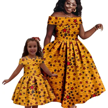 아프리카 Dashiki 가족 매칭 옷, 엄마와 딸 복장, 앙카라 프린트, 포켓 달린 오프 숄더 파티 원피스, F234005