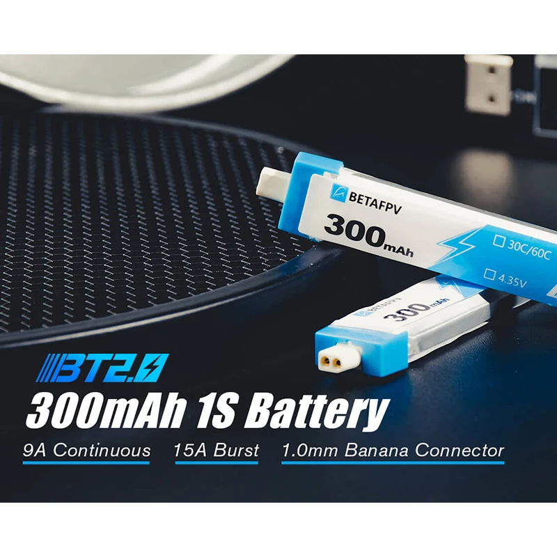 Gros plan sur la batterie Lipo 300mAh 1S 30C BT2.0 montrant le connecteur BT2.0.