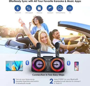 Karaoke Machine for Kids Adults, Portable Bluetooth Speaker with 9 Modes LED Lights,Lyric Display&2 UHF Wireless Microphones 5