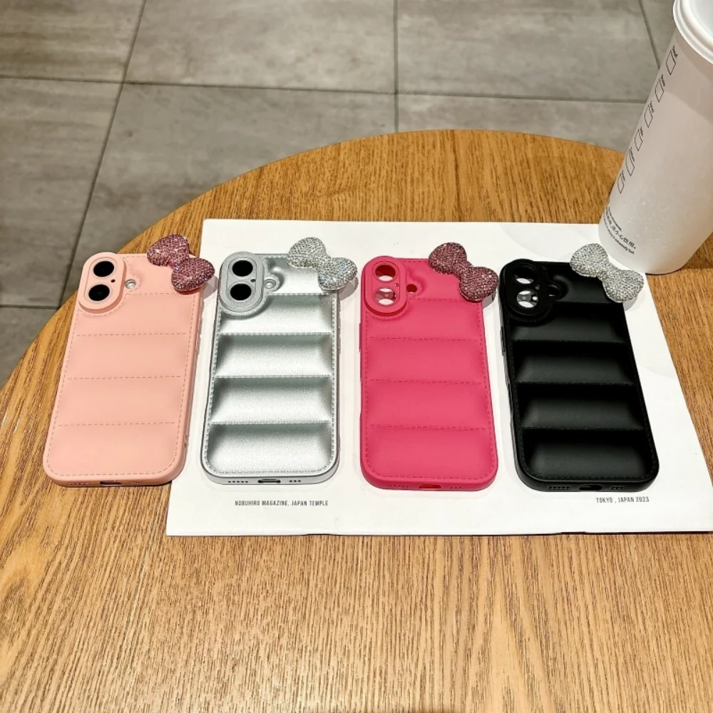 Luxury and Fashionable Diamond Bow Soft Down Jacket Phone Case