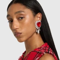 Stonefans Elegant Red Heart Ear Clip Earrings Drop Pendant for Women 2024 Trend Rhinestone Dangle Earrings No Piercing Jewelry 1