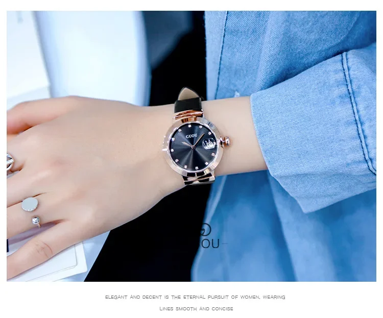 Orologio da polso al quarzo da donna alla moda GUOU con cinturino in vera pelle, diamanti, strass, calendario, lente d'ingrandimento, orologio da donna_voghion.com