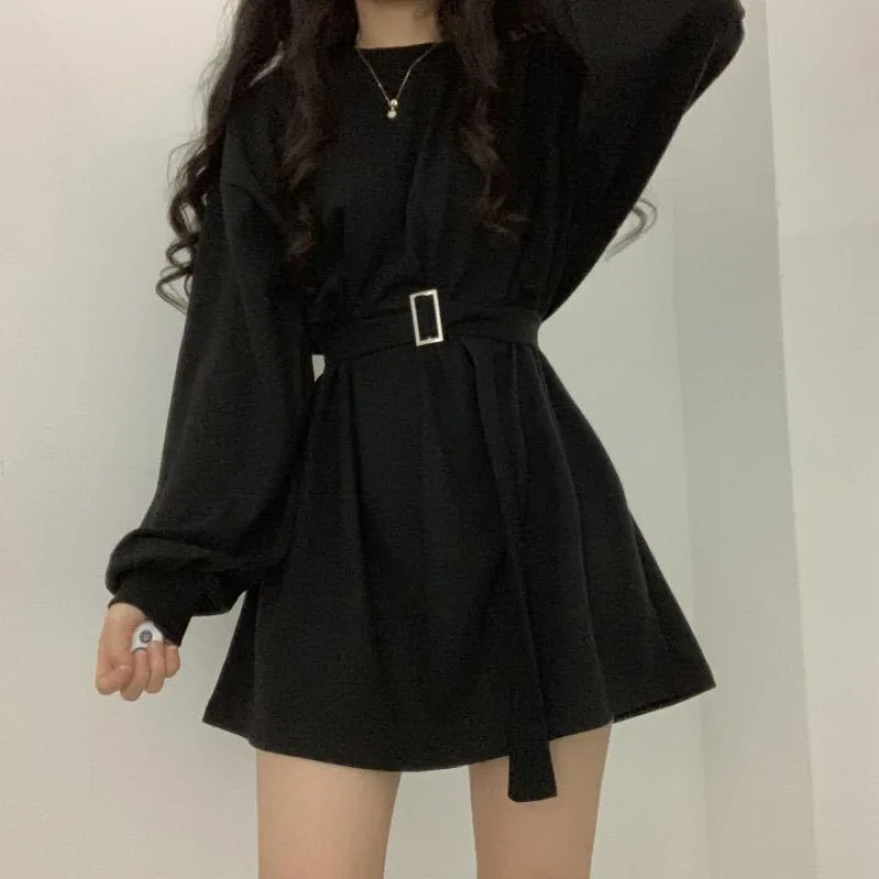 

Plus Size Korean Dress Casual Women Fashion Dress Slimming Loose Spring and Autumn Long-sleeved High Waist Solid Sweater Dress