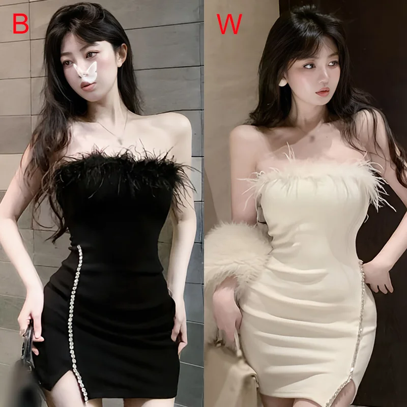 섹시한 순수 욕망 레트로 단색 봉제 스티치 디자인, 민소매 스트랩리스 패키지 힙 원피스, 한국 버전, 여름 패션