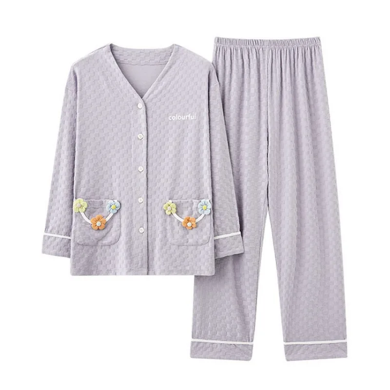 2024 New Women Sleepwear Spring Autumn Pure Cotton Long-Sleeved Casual V-neck Pajamas Suit Female Sweet Cardigan Homewear Suit