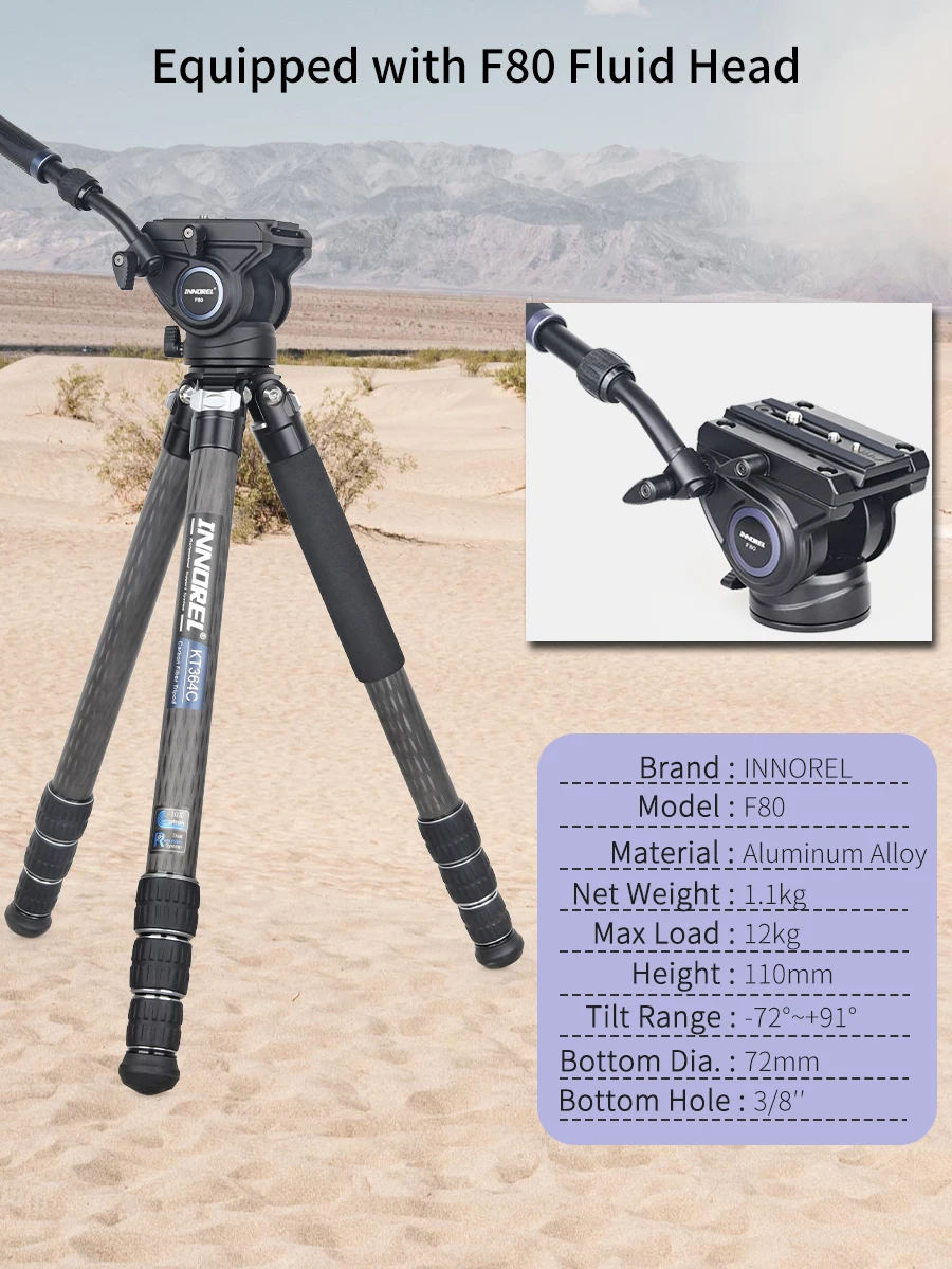 KT364C Professional Carbon Fiber Tripod for DSLR Camera Heavy Duty 36mm 10 Layer