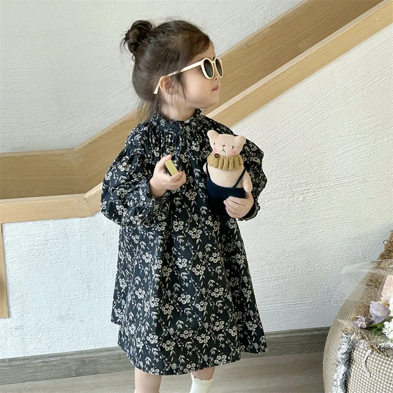 

2023 Vintage ELEGANT Dress for Baby Girls Kids Floral Printed Casual Loose Midi Dresses Infant Spring A-line Frocks Kid Vestidos