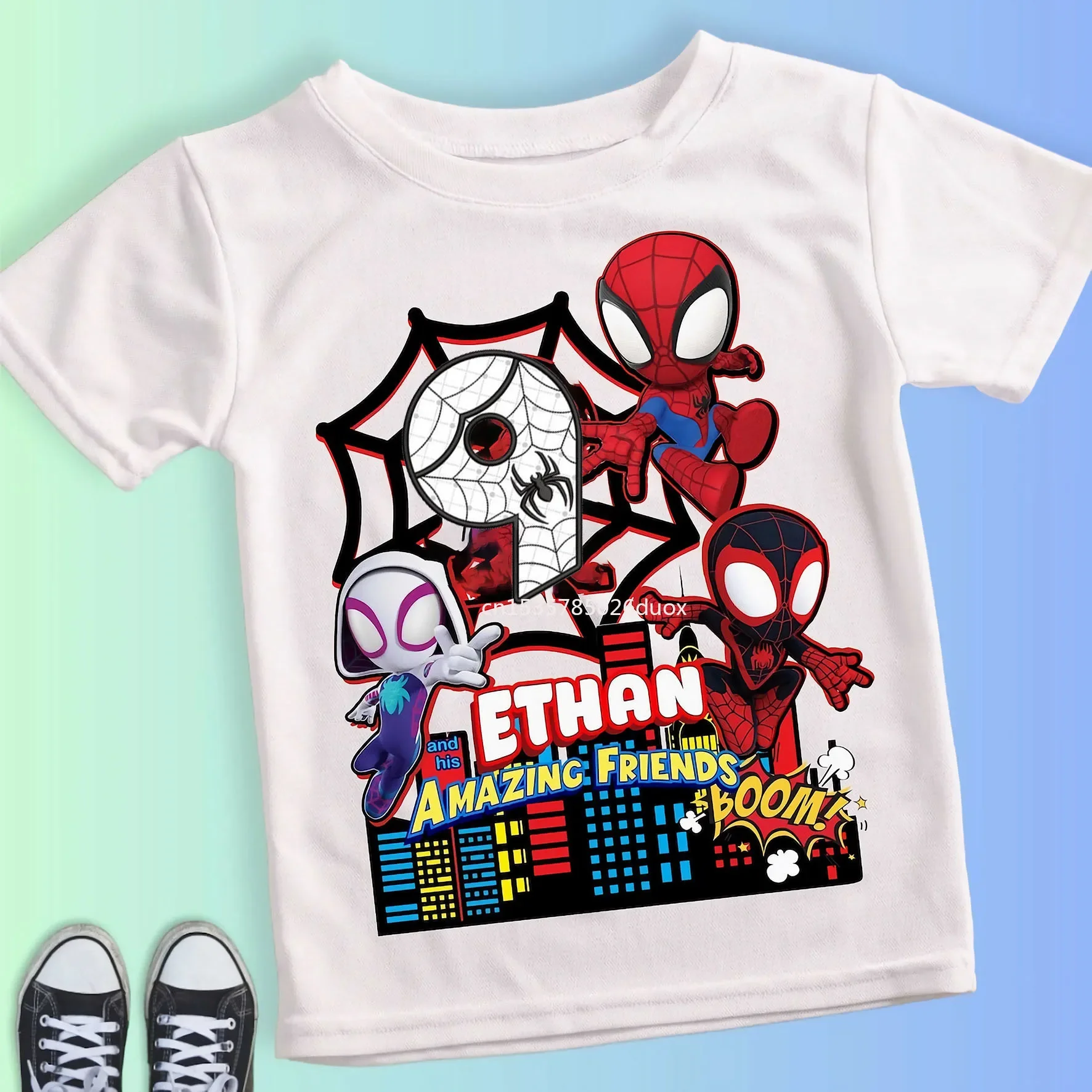 thumbnail image 1 of Camiseta de algodón blanca para niños de verano de 2, 3, 4, 5, 6, 7, 8 y 9 años con el Hombre Araña y sus amigos para cumpleaños, ropa para bebés y niños pequeños, 1 of 5