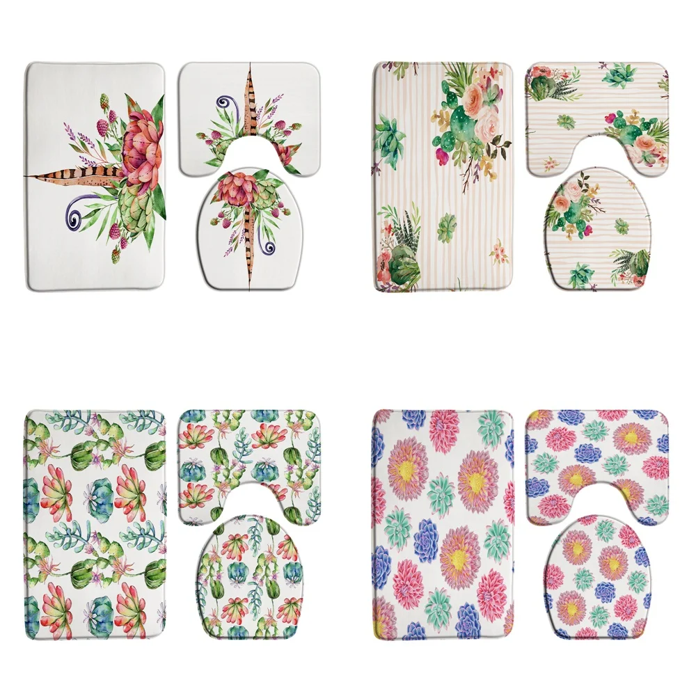 

Watercolor Cactus Succulent Bathroom Rug Set 3Pcs Tropical Plant Non-Slip Bath Mat Carpet Toilet Lid Cover Flannel Floor Doormat