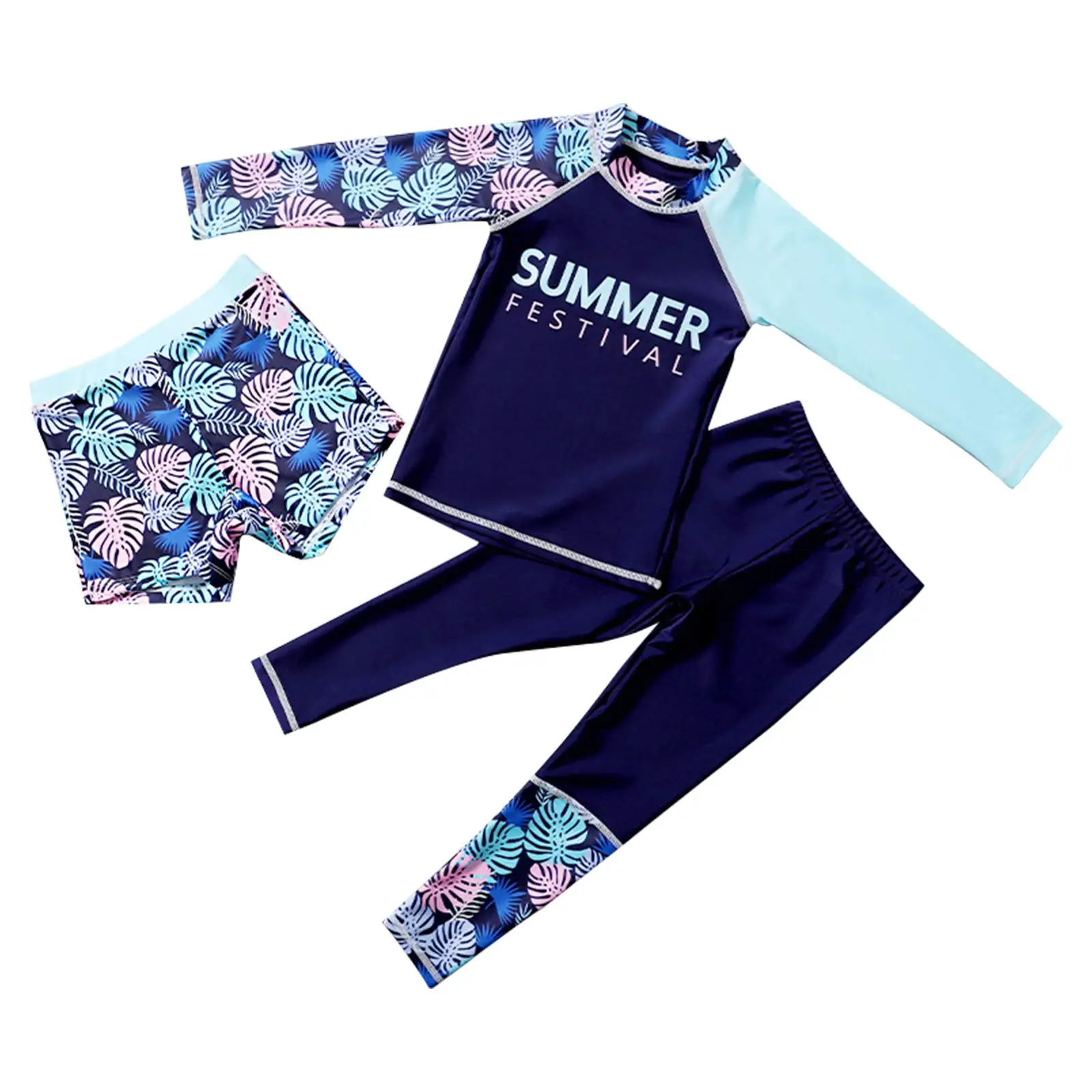 

3Pcs Kids Girls Quickly Dry Floral Print Swimming Suit Long Sleeve Tops Shorts Pants Set Beach Bathing Suit Swimwear Rashguard