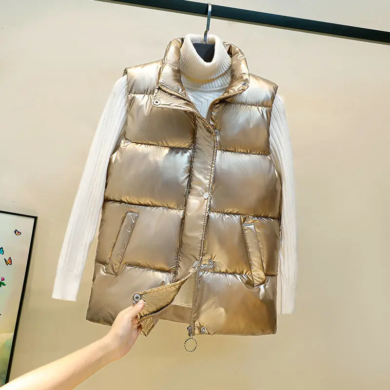 Fashion Glossy Down Vest For Women Casual Turn Down Collar Thick Waistcoat Korean Fashion Plus Size Pocket Sleeveless Jacket