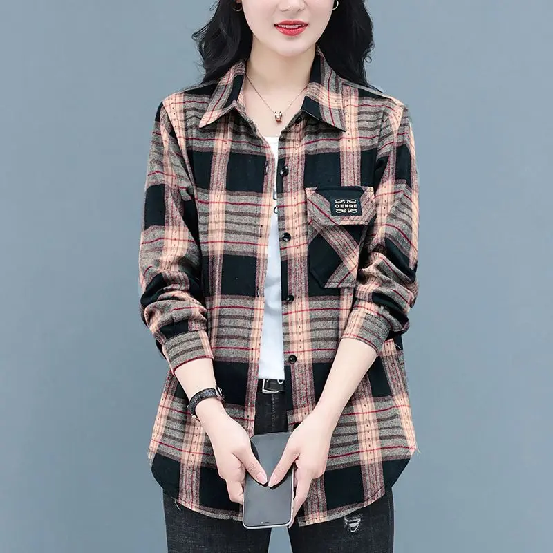 Vintage Classic Plaid Applique Button Up Shirt Fashion Casual Irregular Loose Long Sleeve Cotton Tops Blouses for Women Clothing