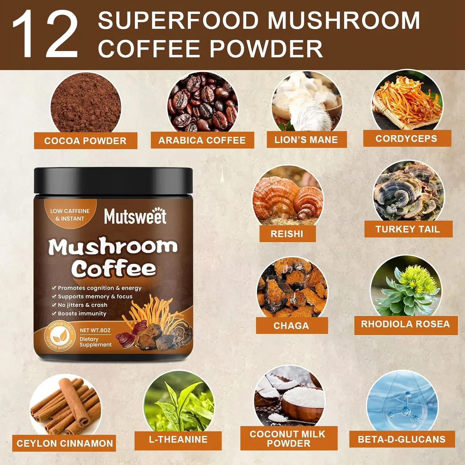 Mutsweet Mushroom Coffee Supplement with Reishi Mental Clarity Concentration Support Brain Booster energy booster lions mane mushroom capsules reishi capsules