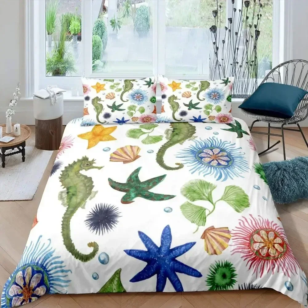 Sea Horse Bedding Set Ocean Duvet Cover King Queen Size Orange Coral Marine Life Home Textile Sea Urchin Soft Quilt Cover 4