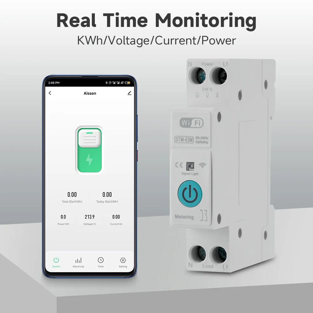 TUYA WIFI 스마트 스위치 회로 차단기 63A 1P 스마트 홈 무선 원격 제어를위한 전력 계량 모니터링 타이머 릴레이