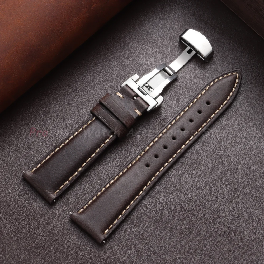 Vintage Brown Oil Wax Leather Watch Strap with Butterfly Buckle - Men's Accessory