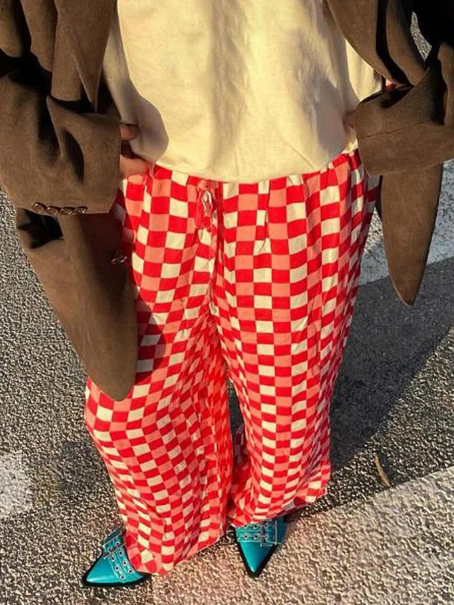 

Брюки женские с широкими штанинами, повседневные свободные штаны с принтом шахматной доски, с эластичным поясом, для работы, офиса, уличная одежда, S M L