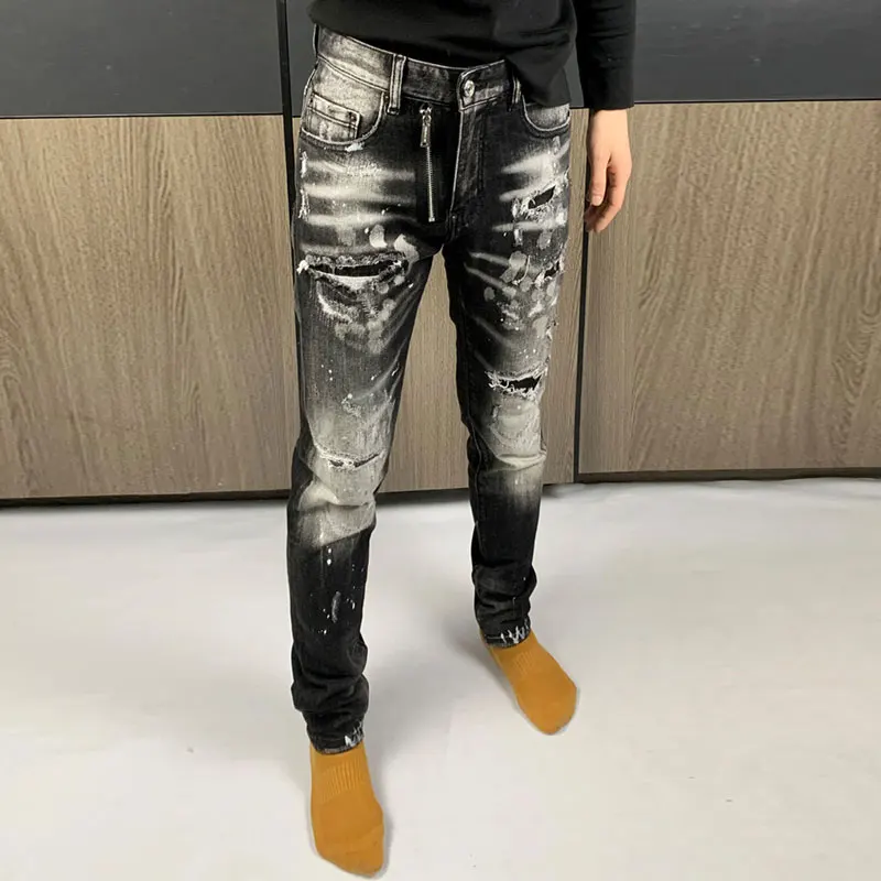 High Street Fashion Men Jeans Retro Black Gray Stretch Slim Fit Ripped Jeans Men Painted Designer Hip Hop Brand Pants Hombre