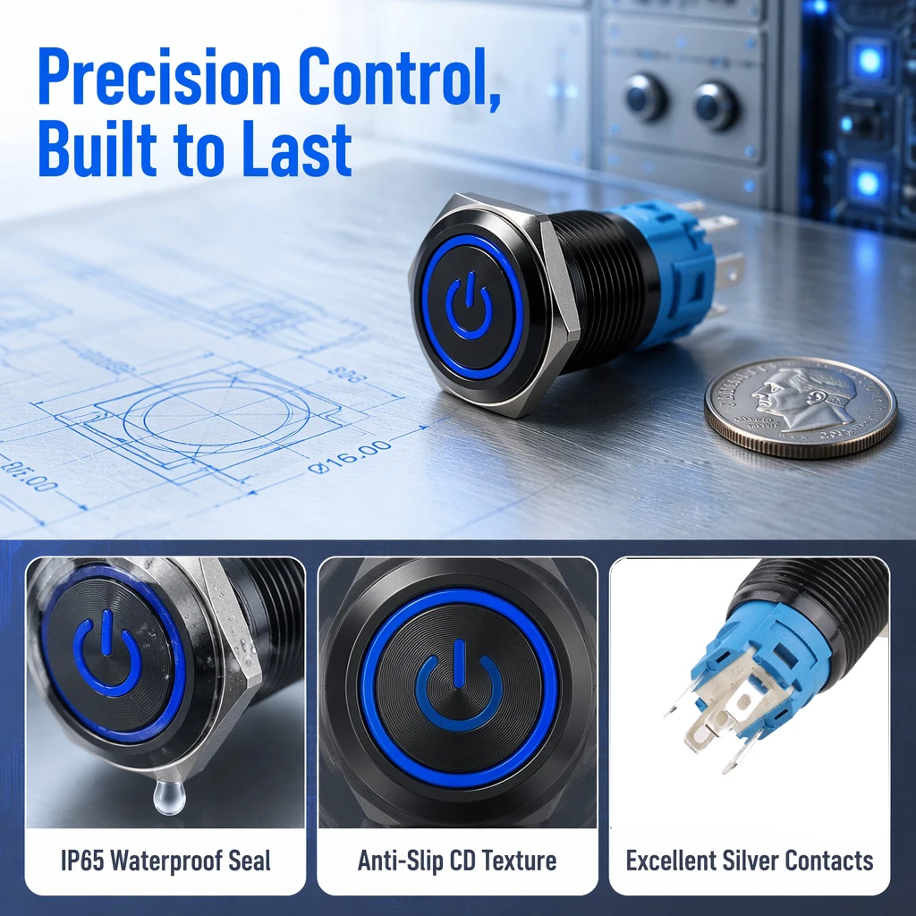 5 PCS 16mm 금속 푸시 버튼 스위치 12v 링 전원 버튼 방수 LED 라이트 셀프 잠금 셀프 리셋 220V 하이 헤드 블랙/실버
