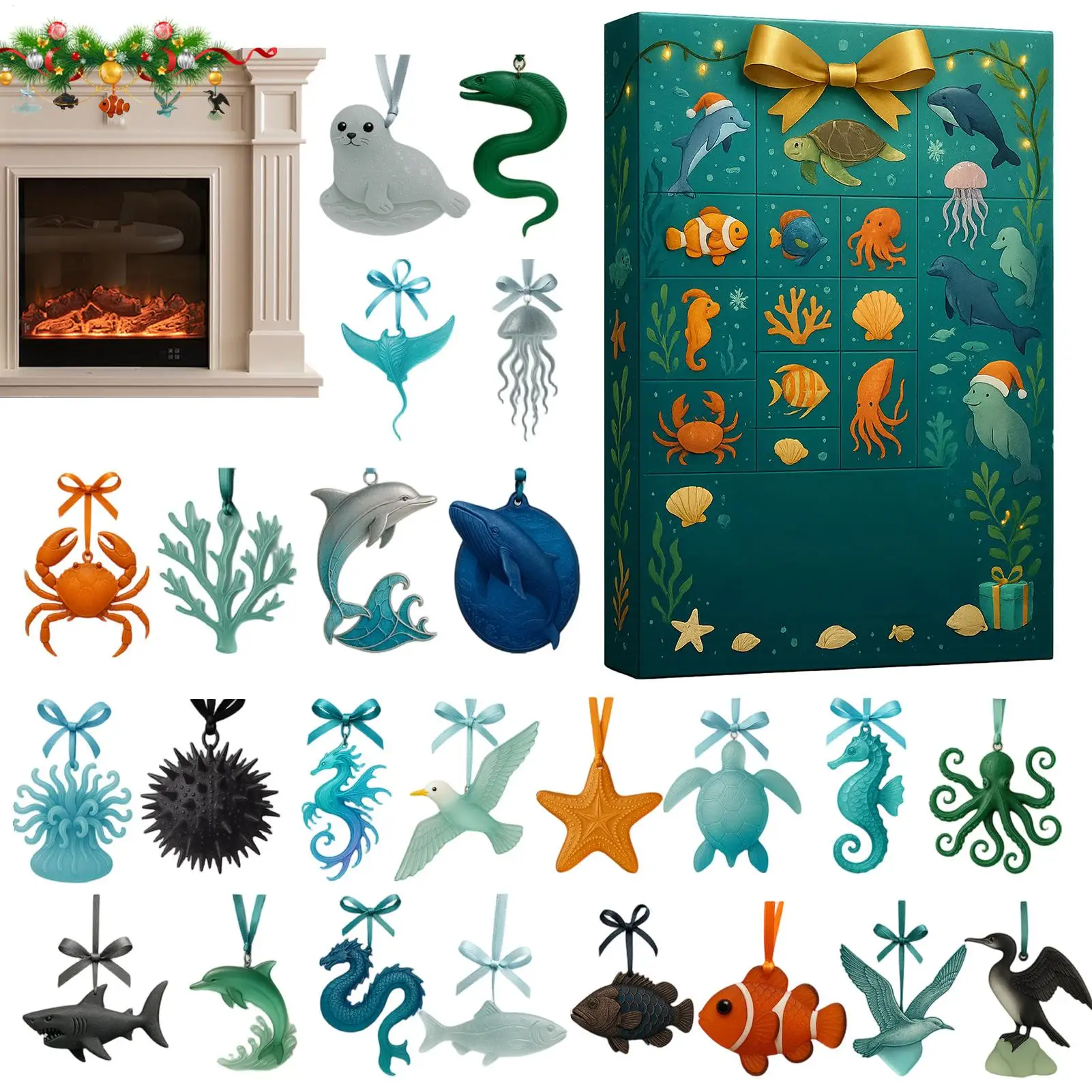 Christmas Advent Calendar 2D Acrylic Marine Life Pendant 24 Day Marine Creatures Ornament Countdown Calendar for Xmas Tree Decor