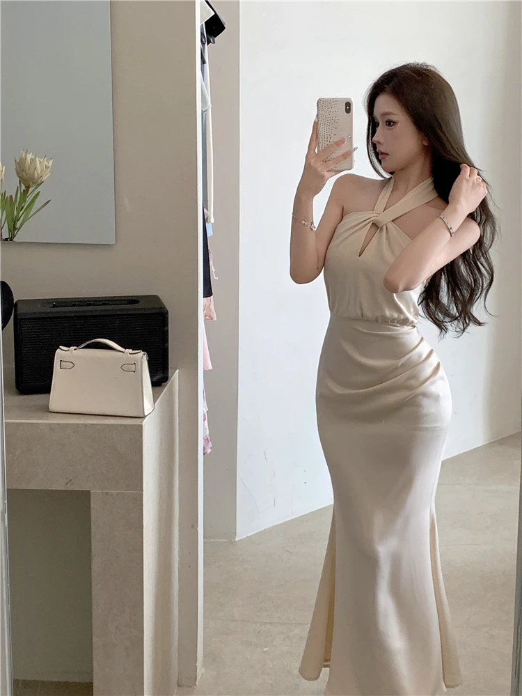 Sexy Bodycon Satin Evening Party Dress Sleeveless Halter Slim Mermaid Summer New Midi Dresses for Women Prom Vestidos Mujer