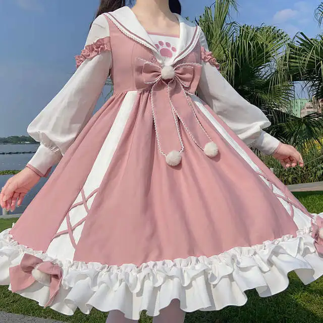 

Pink Victorian Kawaii Lolita Cute College Style Solid Color Meow Claw Printing Op Japanese Sweet Lolita Dress Kawaii Clothing