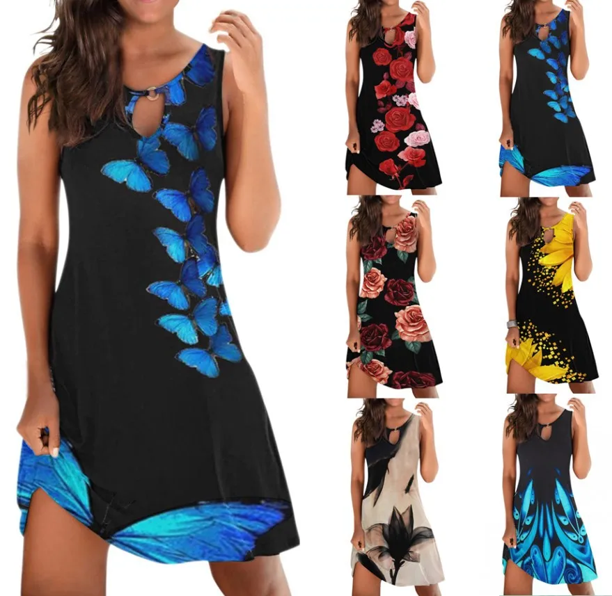 

Dress for Women 2023 Fashion Print Sleeveless Dress Ladies Backless Casual Boho Dress