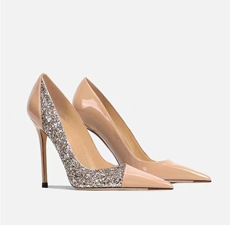 

Glitter Patent Leather Sexy Super High Heels Pointed Toe Slip-On Pumps Party Style Mixed Color Thin Heels Soft Sole Women Pumps