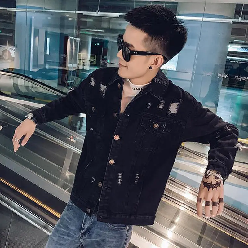 Wholesale 2022 Fashion Street Skeleton Embroidery Denim Jacket Men\'s Brand Korean Loose Spring Autumn Society Ripped Jacket