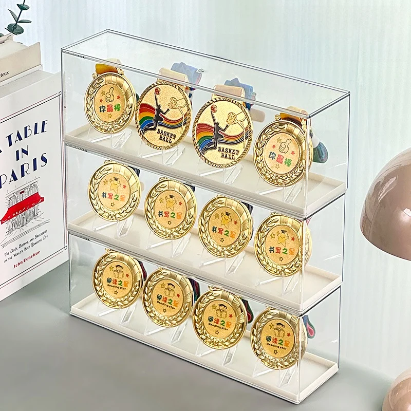 Marathon Medal Display Box  Gold Medal Storage Holder Coin Memorial Bae Organizer Desktop Storage Bin Rectangle Plastic