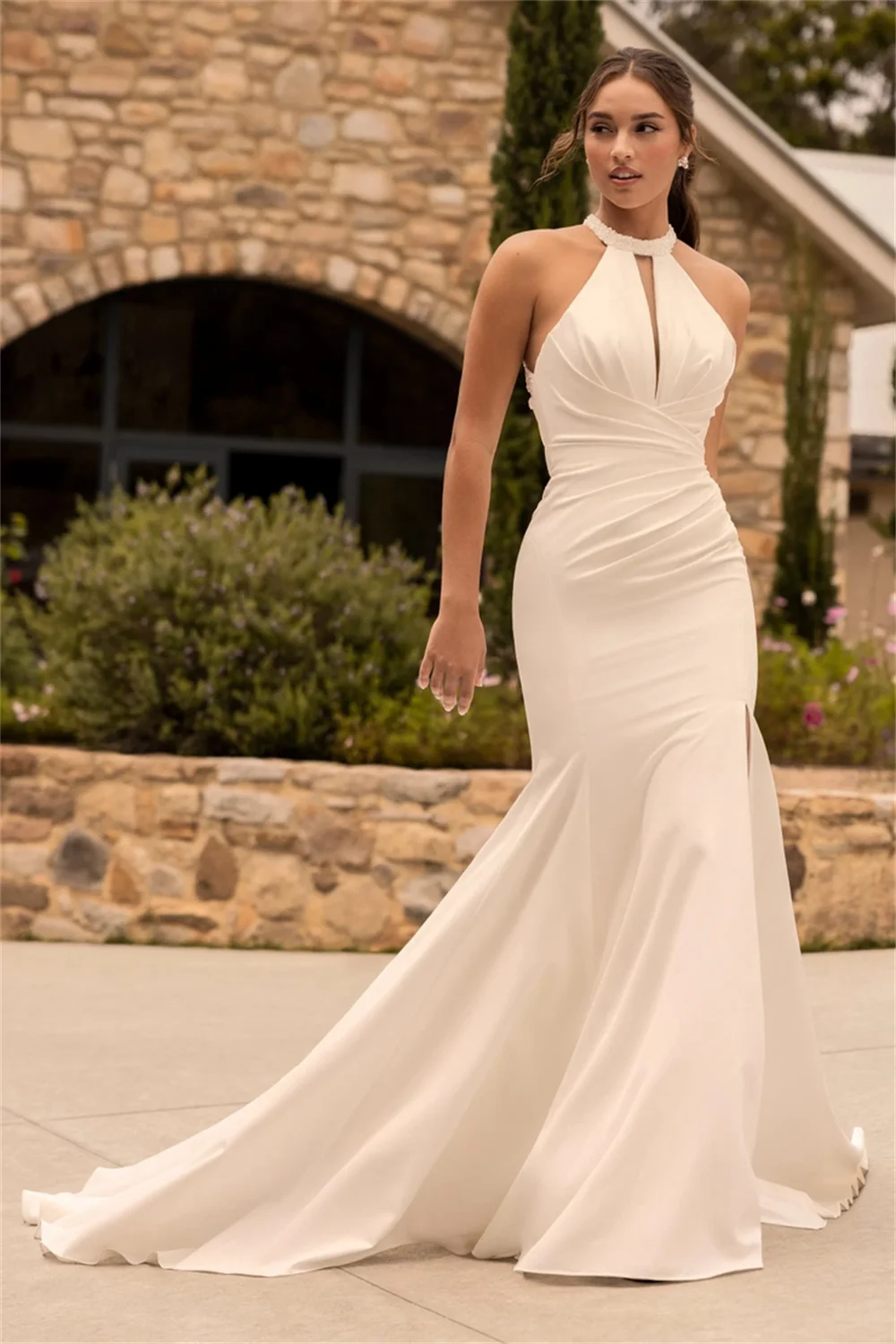 chinese dress ladies Elegant Mermaid White Halter Satin Wedding Dresses main image 0