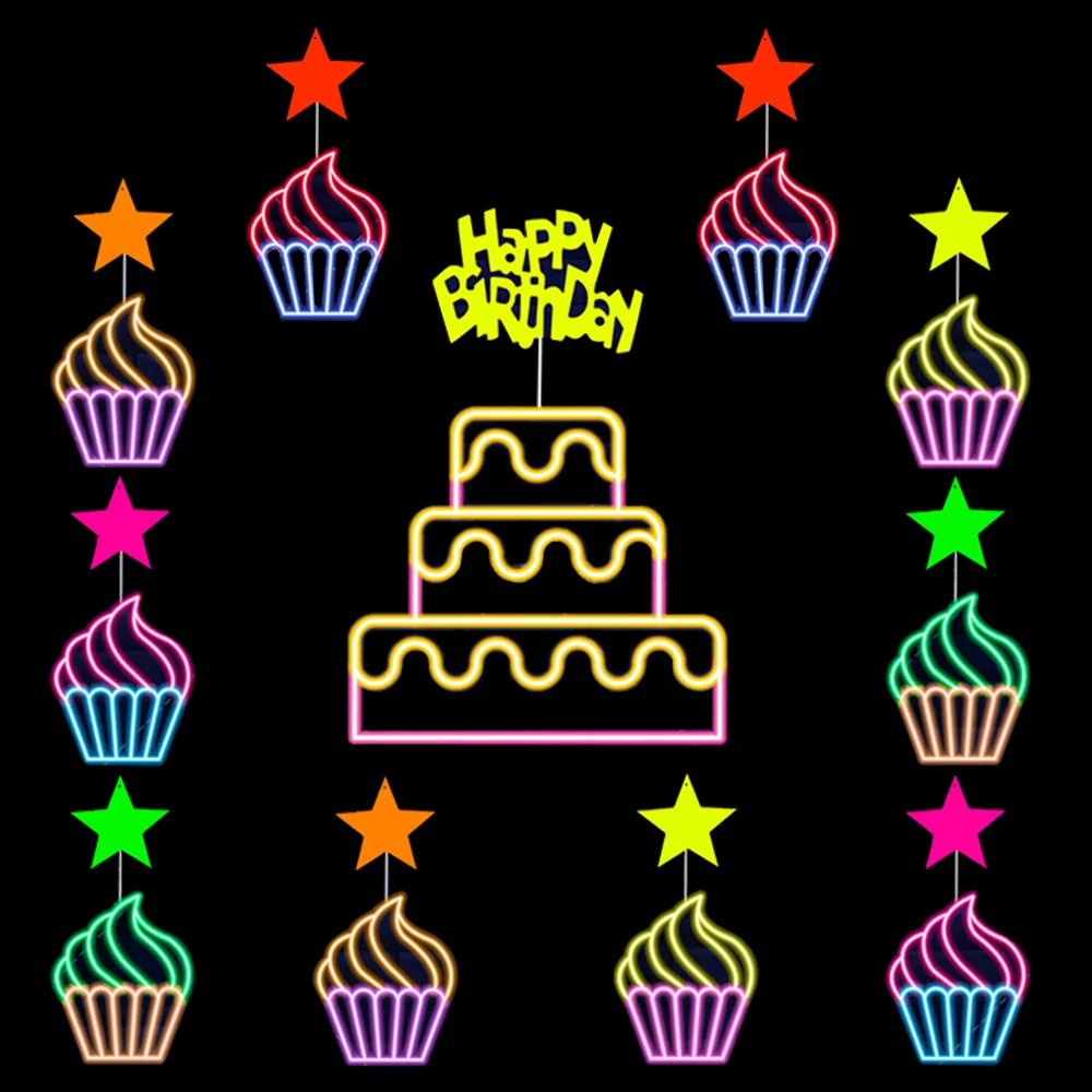 Glow in The Dark Happy Birthday Cake Topper Neon Party Supplies Fluorescent Luminous Cupcake Decoration Need UV Light