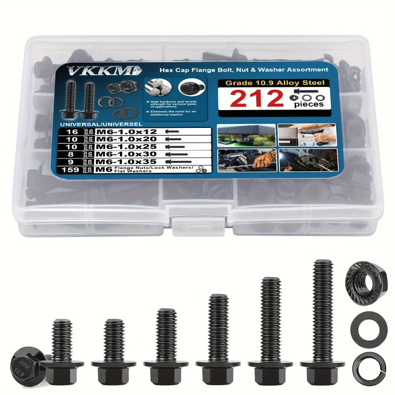 VKKM 212 pcs M6 Hex Cap Flange Bolt Assortment Kit/Screws, Nuts & Washers/Black Oxide, M6-1.0 x 12/20/25/30/35mm