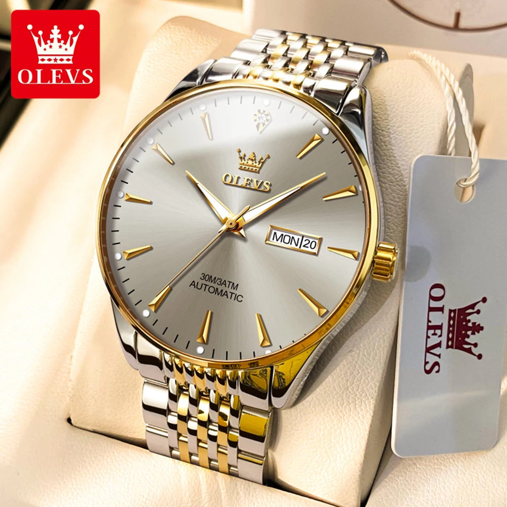 OLEVS-Automatic Watch for Men, Stainless Steel, Waterproof, Luminous, Dual Calendar, Business Man Watch, Mechanical Wrist Watch