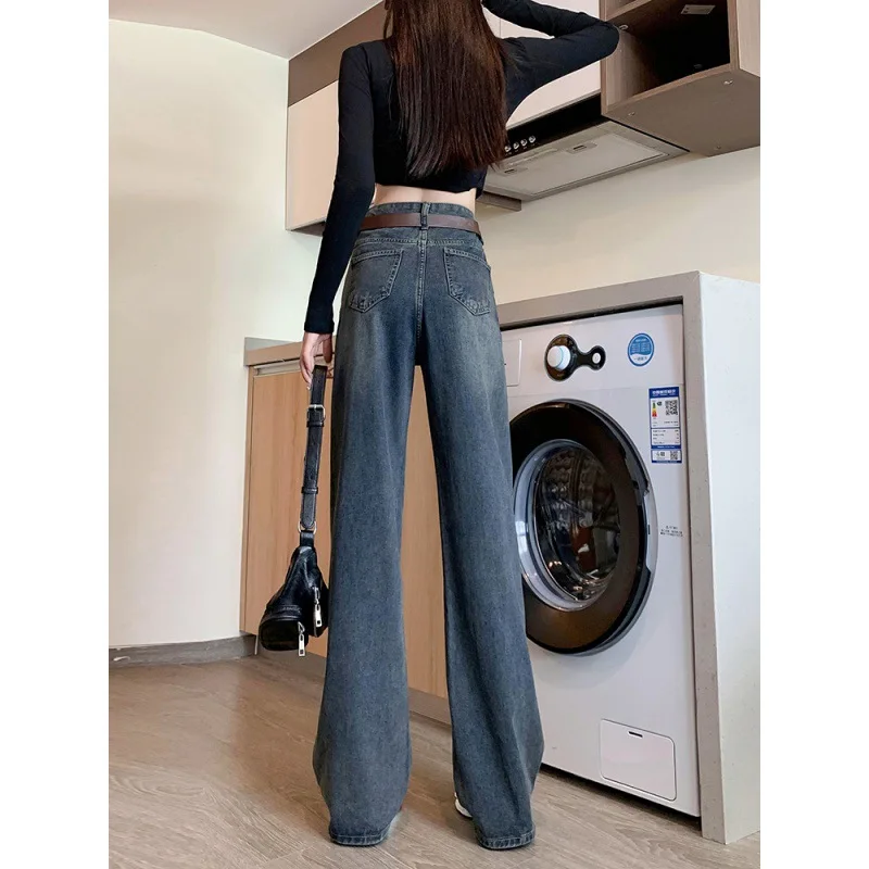 Advanced Cement Grey High Waisted Wide Leg Jeans for Women's New Retro Loose Straight Leg Floor Pants 4