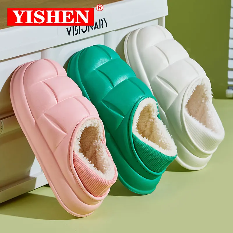 

YISHEN Winter Warm Women Slippers Men Slides Waterproof Furry Lining Non-Slip Stepped Cotton Shoes Indoor Home Shoes For Couple