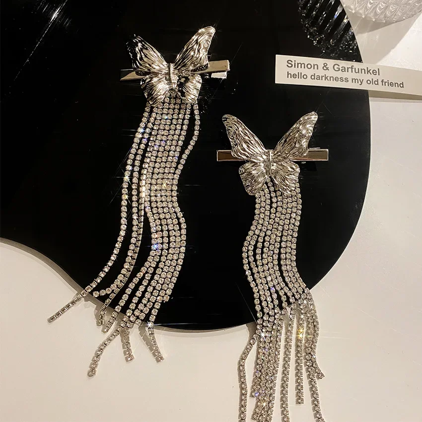 

Silver Shiny Zircon Butterfly Tassel Hairpin Summer New Bangs Alligator Clip Barrettes Hair Accessories for Women Party Headwear