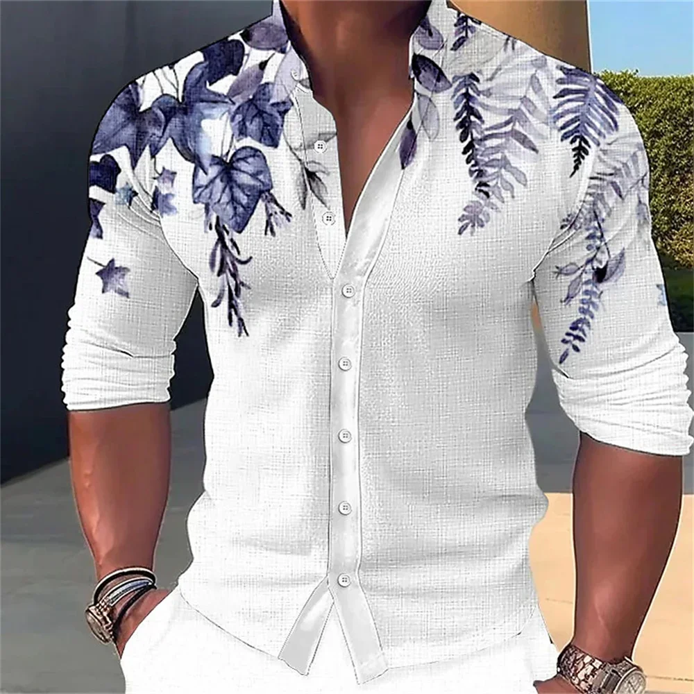thumbnail image 1 of Camisa de manga larga con cuello alto y botones para hombre de primavera, camisa con estampado de hojas verdes, informal, suave y cómoda, para hombre, talla grande, 1 of 5
