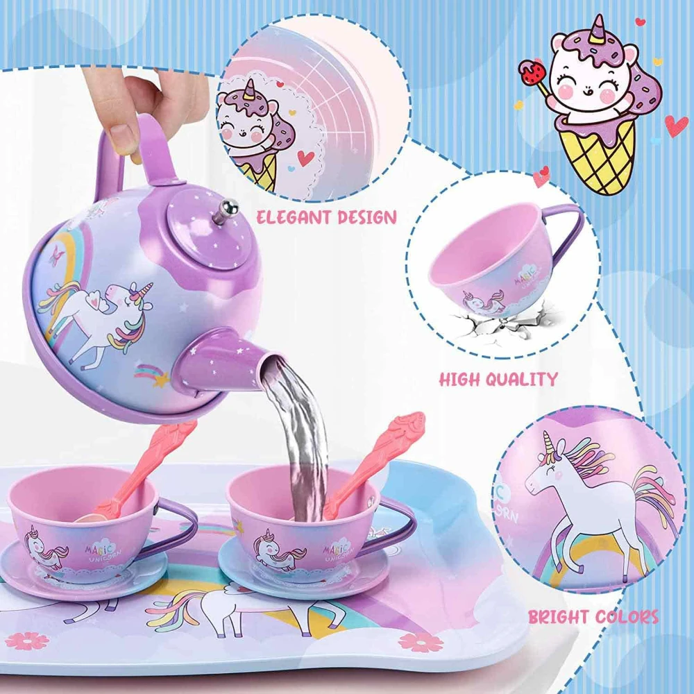 WizKidz Unicorn Tea Party Set for Little Girls Pretend Purple Tin Teapot Cups Plates Carrying Case Birthday Gift for Kids Age 3+ 3