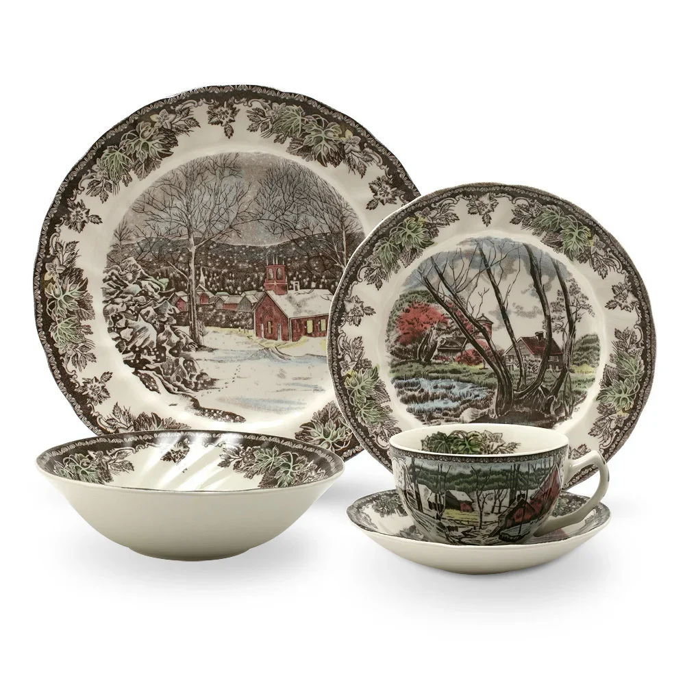 The Friendly Village Dinner Set England Style Ceramic Breakfast Plate Beef Dishes Dessert Dish Soup Bowl