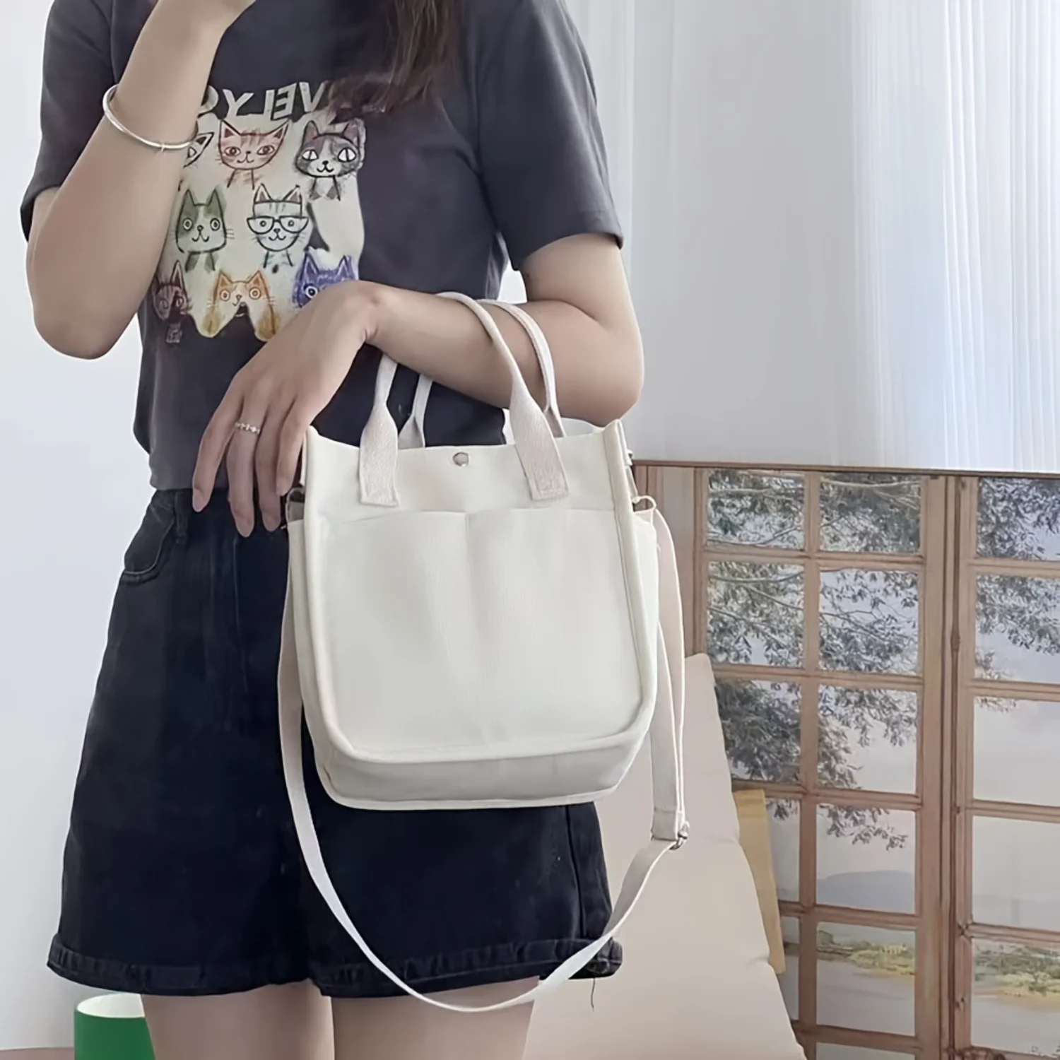 Compact Canvas Tote Bag - Strong  Closure, Stylish Multi-Pocket Crossbody, Handy Lunch Organizer, Versatile for Work & Casual -  3