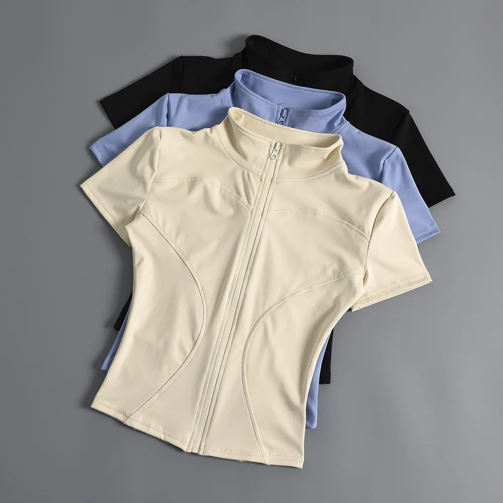 Slim Zipper Yoga Short Sleeve Top Casual Standing Collar Fitness Jacket Quick Dry Breathable Outdoor Yoga Clothing