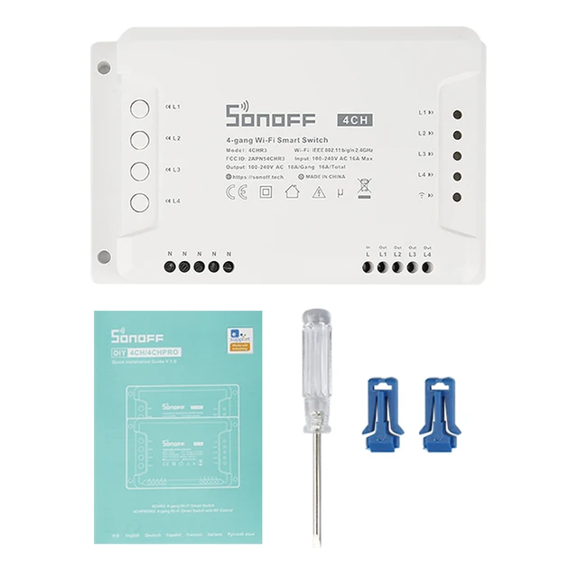 SONOFF Interruptor de garagem e interruptor inteligente Wi-Fi de 4 Gang,  4CH PRO R3, 3 modos de funcionamento, Wi-Fi ou controlo remoto de RF de 433  MHz, AC/DC, Supports Alexa, Google Home