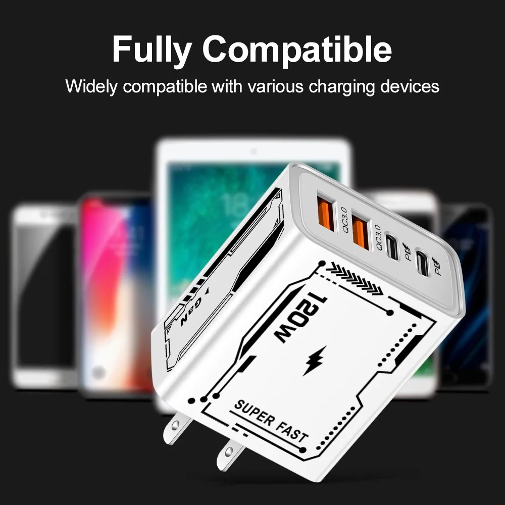 120W Quick Charger Fast Charging Type C USB Phone Charger USB C QC3.0 Phone Charger Adapter for iPhone Samsung Xiaomi EU US Plug