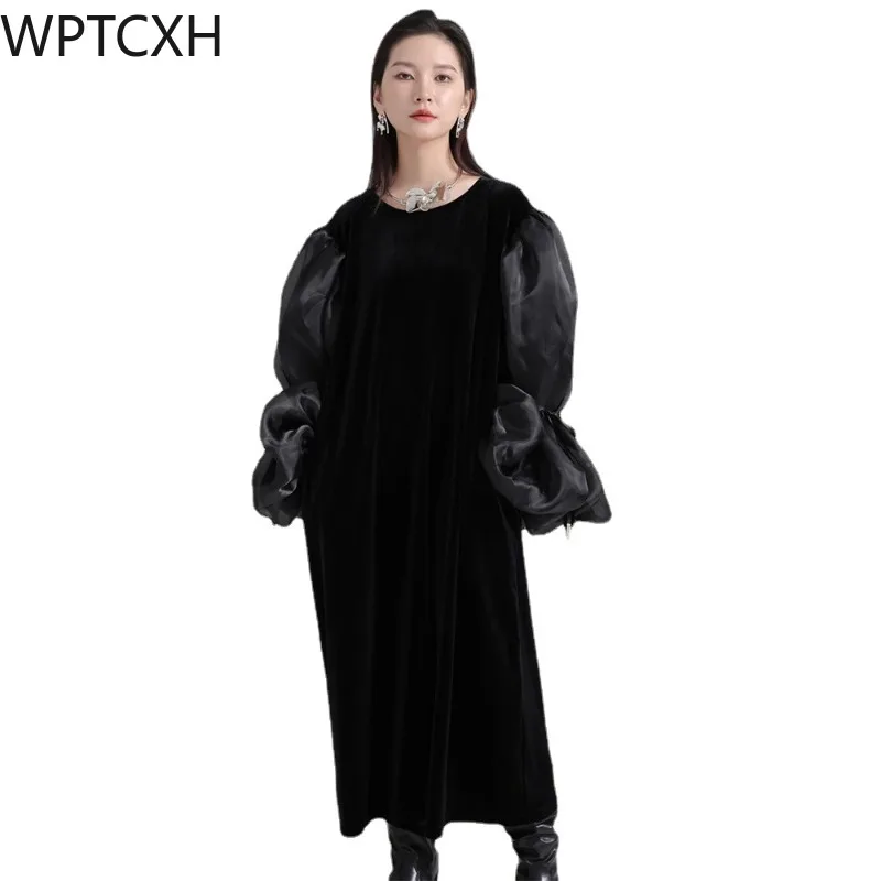 

Women Black Organza Velvet Elegnat Big Size Dress New Round Neck Long Puff Sleeve Fashion Tide Spring Autumn 2024
