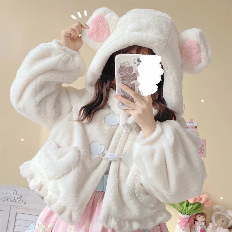 

Autumn Winter White Plush Long Short Cute Coat Women Japanese Kawaii Bear Ears Loose Hooded Jackets Warm Chic Sweet Outwear