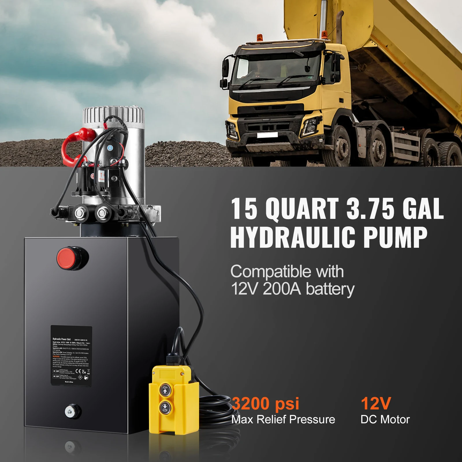SucceBuy Hydraulic Pump 15 Quart Hydraulic Power Unit Double Acting Dump Trailer Pump, 0.91GPM Flow Rate DC 12V Hydraulic Pump - 2