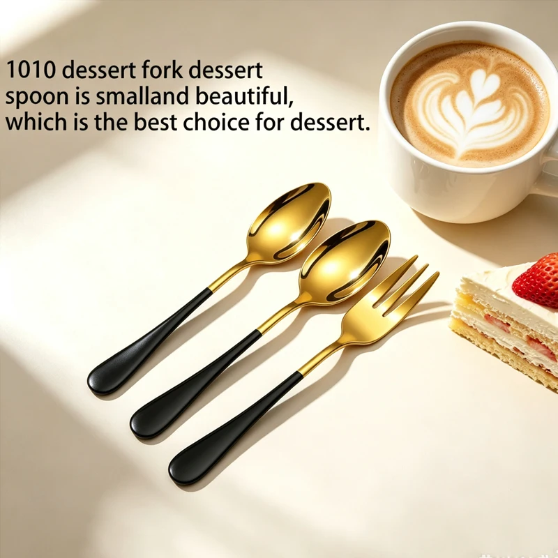Ensemble de 8/12/16 pièces de couverts en acier inoxydable 1010 pour dessert, couleur or et noir, simple et élégant, pour café, dessert et fruits.