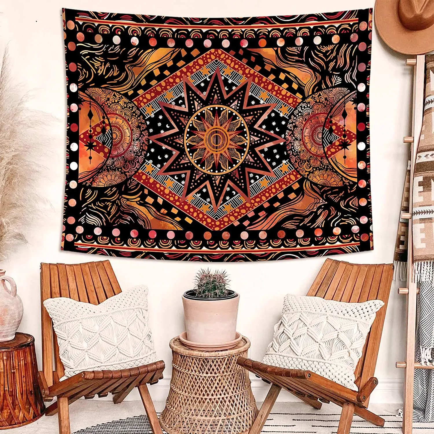 Orange Sun and Moon Tapestry Wall Hanging Indie Hippie Mandala Cool Wall Tapestries Aesthetic Tapestry for Bedroom Living Room tapestry decor