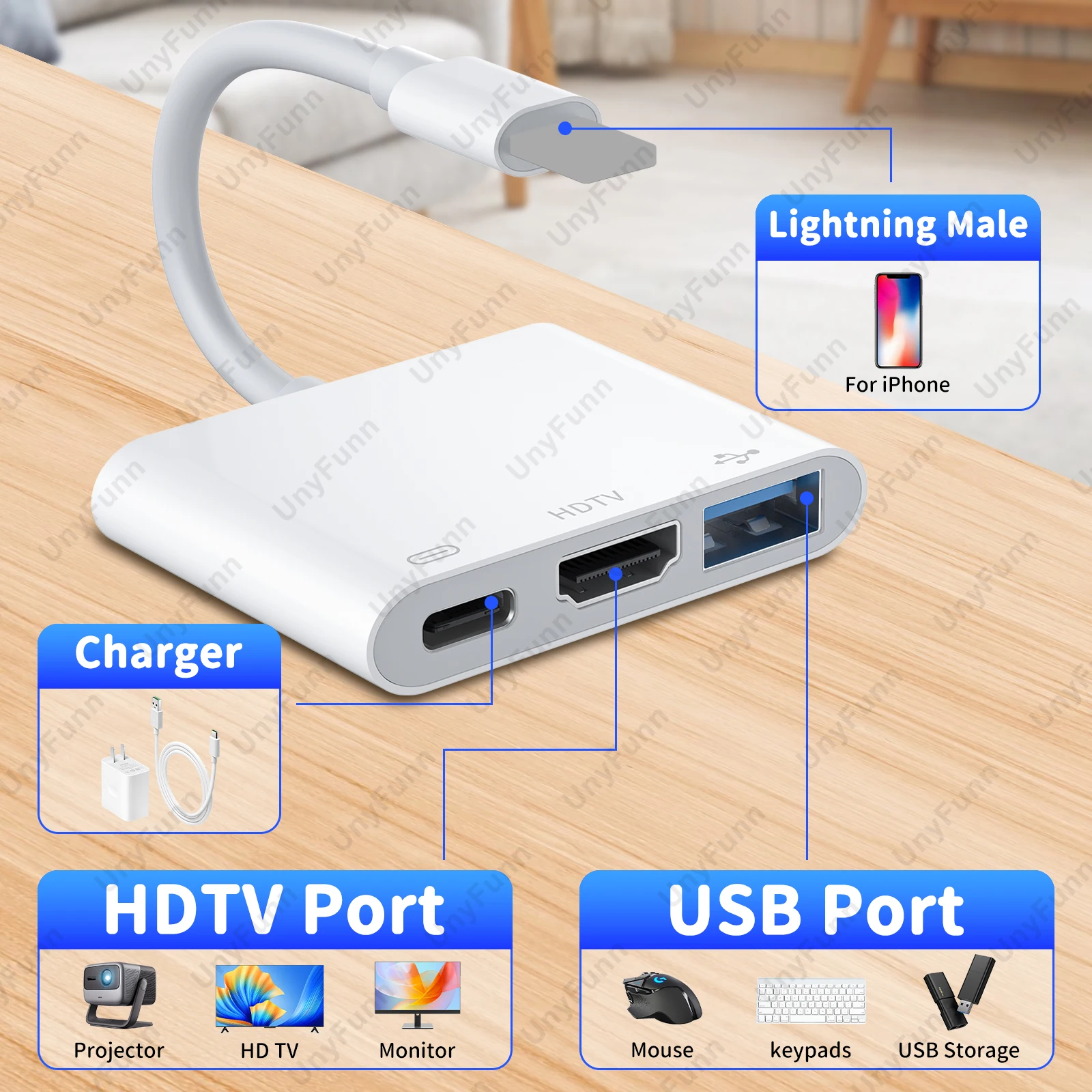 Adattatore HDMI 6-in-1 Per IPhone | Lettore SD/TF, 2 USB 3.0, Porta Di Ricarica, Uscita 1080p, OTG, Per Tastiera, Mouse, Proiettore, IOS